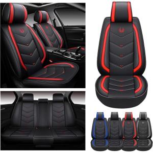 imageOASIS AUTO Car Seat Covers Premium Waterproof Faux Leather Cushion Universal Accessories Fit SUV Truck Sedan Automotive Vehicle Auto Interior Protector Full Set OS006 BlackSPORT RED