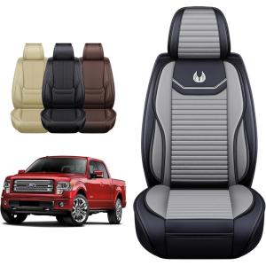 imageOASIS AUTO Ford F150 F250 F350 Accessories Seat Covers 20092025 Custom Fit Leather Truck Cover Protector F150 F250 F350 Crew Double Super Extended Cab Premium Full Set BlackampampGrayGRAY