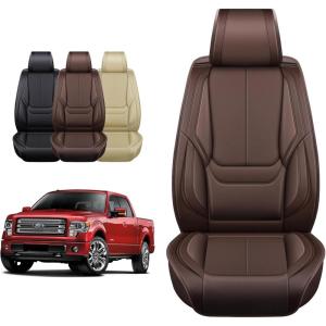 imageOASIS AUTO Ford F150 F250 F350 Accessories Seat Covers 20092025 Custom Fit Leather Truck Cover Protector F150 F250 F350 Crew Double Super Extended Cab Premium Full Set BlackampampGrayBROWN
