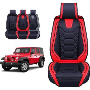 imageOASIS AUTO Jeep Wrangler JK JL Accessories Seat Covers 20072025 Custom Fit 24 Door Leather Cover Protector Cushion Unlimited X Rubicon Sahara and More Full Set Red