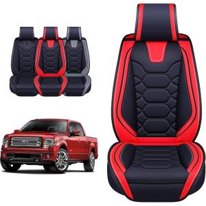 imageOASIS AUTO Z Ford F150 F250 F350 Accessories Seat Covers 20092025 Custom Fit Leather Truck Cover Protector F150 F250 F350 Crew Double Super Extended Cab Sport Full Set BlackampampRed