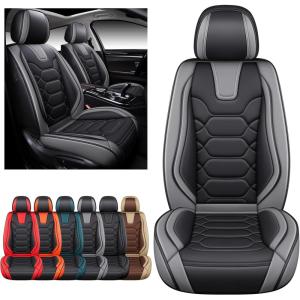 imageOASIS AUTO Car Seat Covers Premium Waterproof Faux Leather Cushion Universal Accessories Fit SUV Truck Sedan Automotive Vehicle Auto Interior Protector Front Pair OD004 BlackBLACKGRAY