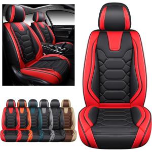 imageOASIS AUTO Car Seat Covers Premium Waterproof Faux Leather Cushion Universal Accessories Fit SUV Truck Sedan Automotive Vehicle Auto Interior Protector Front Pair OD004 BlackBLACKRED