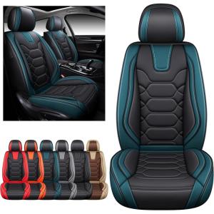 imageOASIS AUTO Car Seat Covers Premium Waterproof Faux Leather Cushion Universal Accessories Fit SUV Truck Sedan Automotive Vehicle Auto Interior Protector Front Pair OD004 BlackBLACKBLUE