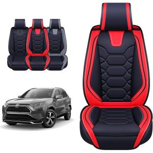 imageOASIS AUTO Toyota RAV4 Accessories Seat Covers 20132025 Custom Fit Leather Cover Protector Cushion for RAV4 Premium Full Set BlackBLACKRED