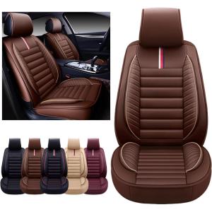 imageOASIS AUTO Car Seat Covers Premium Waterproof Faux Leather Cushion Universal Accessories Fit SUV Truck Sedan Automotive Vehicle Auto Interior Protector Front Pair OS001 BlackBROWN
