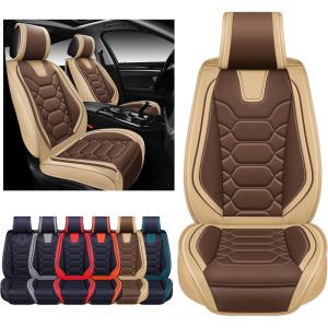 imageOASIS AUTO Car Seat Covers Premium Waterproof Faux Leather Cushion Universal Accessories Fit SUV Truck Sedan Automotive Vehicle Auto Interior Protector Front Pair OS004 BlackampampTealTANBROWN