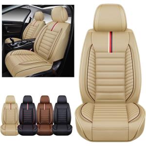 imageOASIS AUTO Car Seat Covers Premium Waterproof Faux Leather Cushion Universal Accessories Fit SUV Truck Sedan Automotive Vehicle Auto Interior Protector Front Pair OD001 Tan