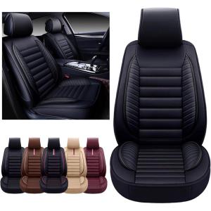 imageOASIS AUTO Car Seat Covers Premium Waterproof Faux Leather Cushion Universal Accessories Fit SUV Truck Sedan Automotive Vehicle Auto Interior Protector Full Set OS001 TanBLACK
